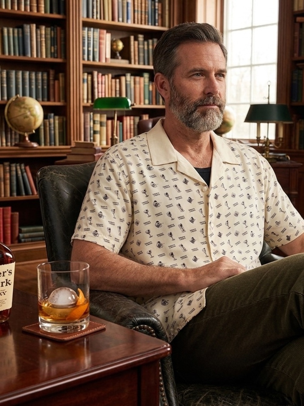 Maker’s Mark Men's Cream Short-Sleeve Button-Down Shirt with Navy Cocktail Print